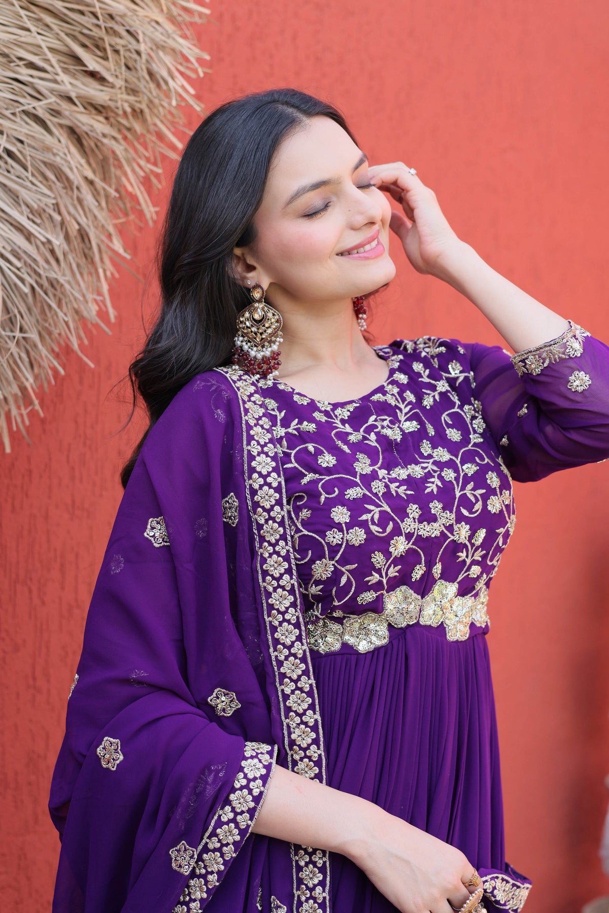 Ishanvi Purple Floral Faux Blooming Gown Set