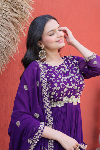 Ishanvi Purple Floral Faux Blooming Gown Set