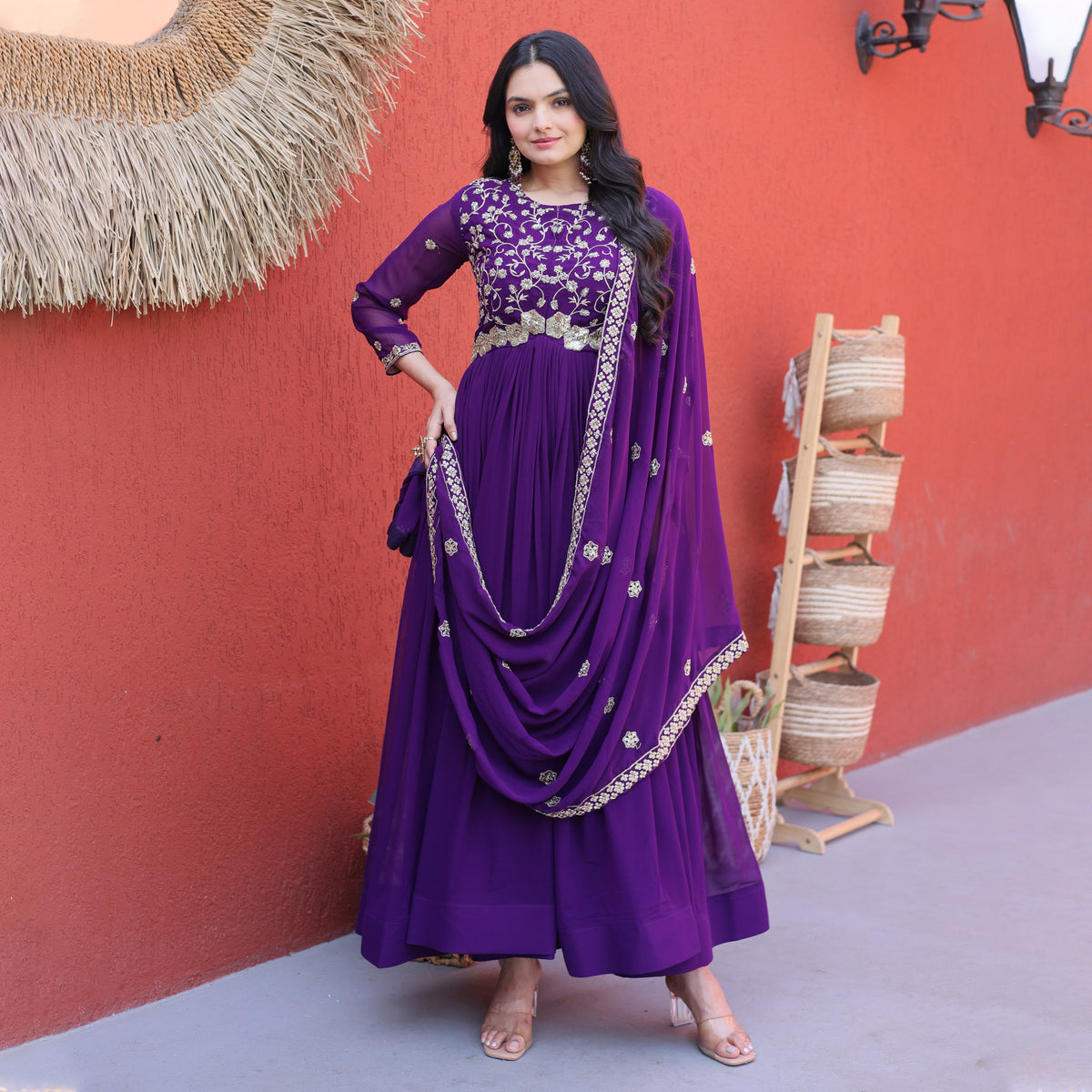 Ishanvi Purple Floral Faux Blooming Gown Set