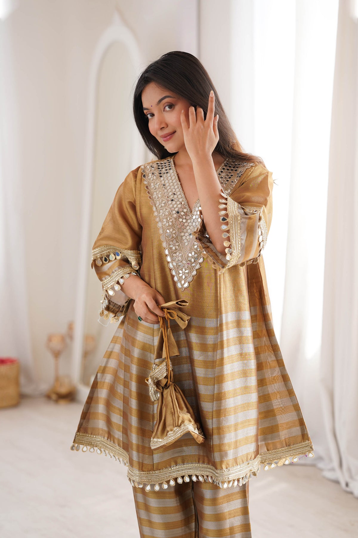 Gauri Golden Two-Tone Tissue Mirror-Work Sharara Suit Set