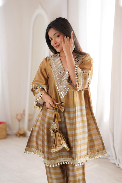 Gauri Golden Two-Tone Tissue Mirror-Work Sharara Suit Set