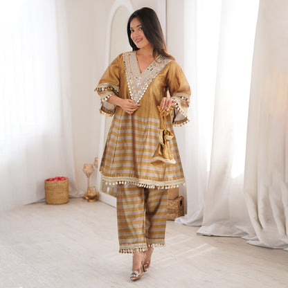 Gauri Golden Two-Tone Tissue Mirror-Work Sharara Suit Set