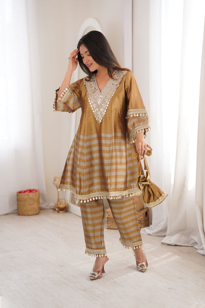 Gauri Golden Two-Tone Tissue Mirror-Work Sharara Suit Set