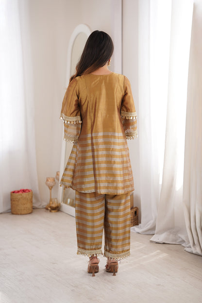 Gauri Golden Two-Tone Tissue Mirror-Work Sharara Suit Set