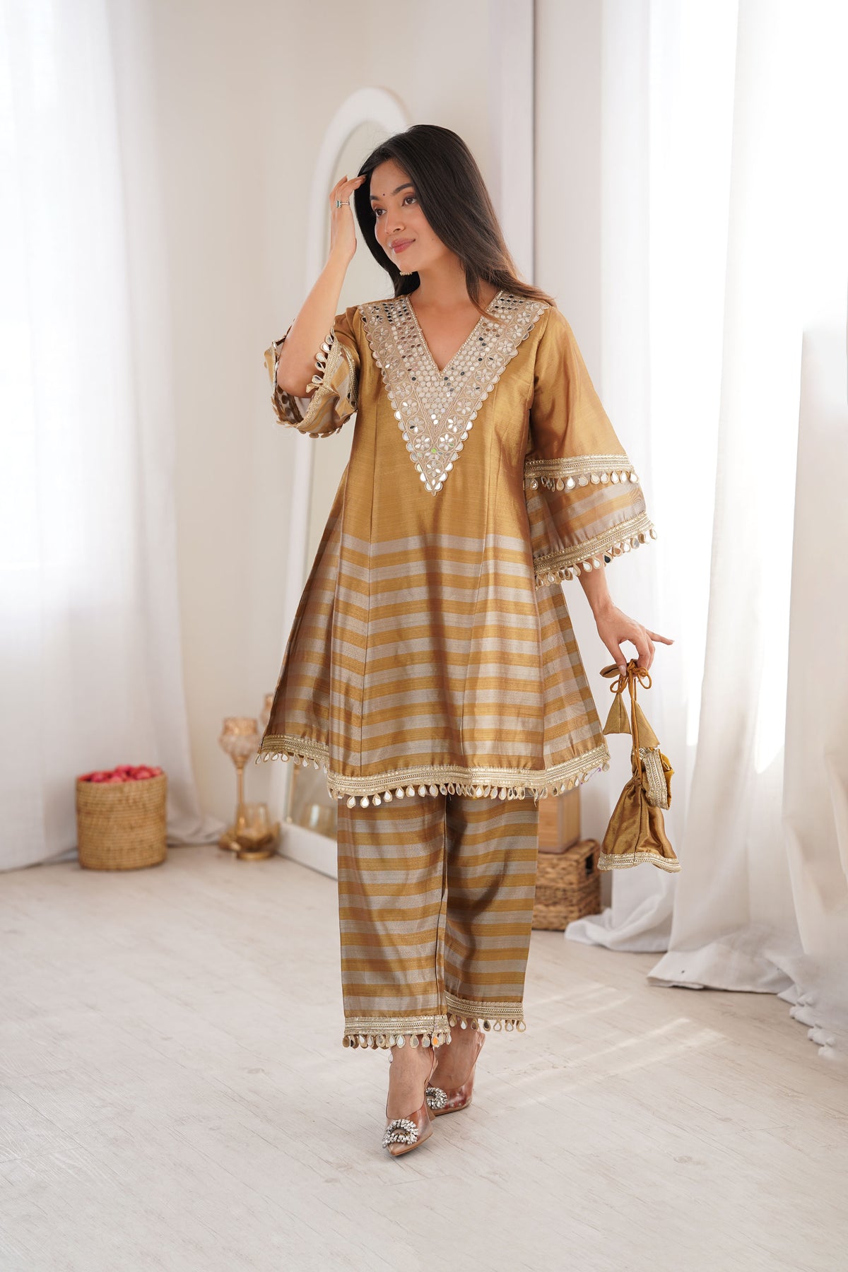 Gauri Golden Two-Tone Tissue Mirror-Work Sharara Suit Set