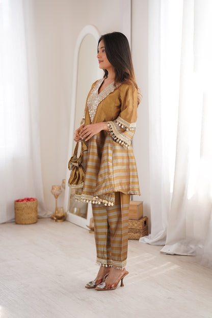 Gauri Golden Two-Tone Tissue Mirror-Work Sharara Suit Set