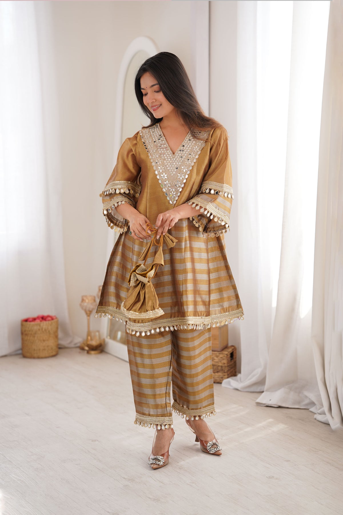 Gauri Golden Two-Tone Tissue Mirror-Work Sharara Suit Set