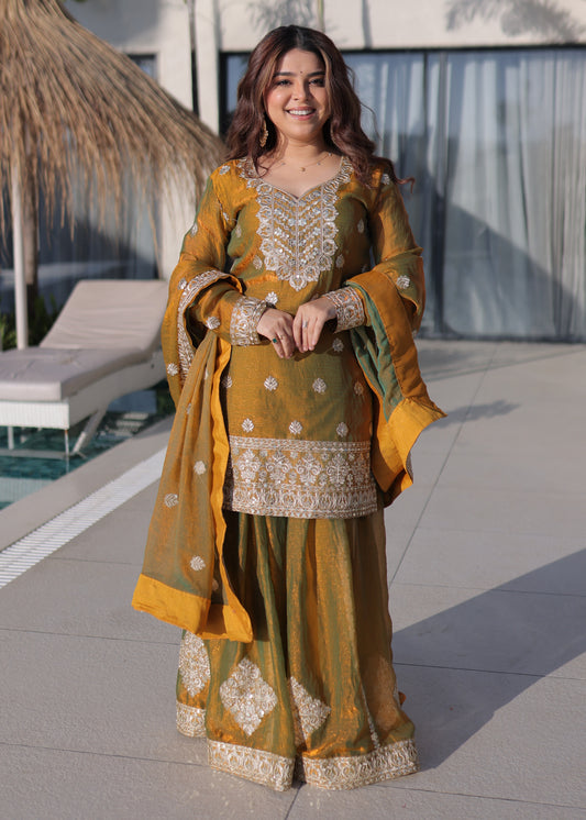 Golden with Olive Green Duel Tone Sharara Suit Set