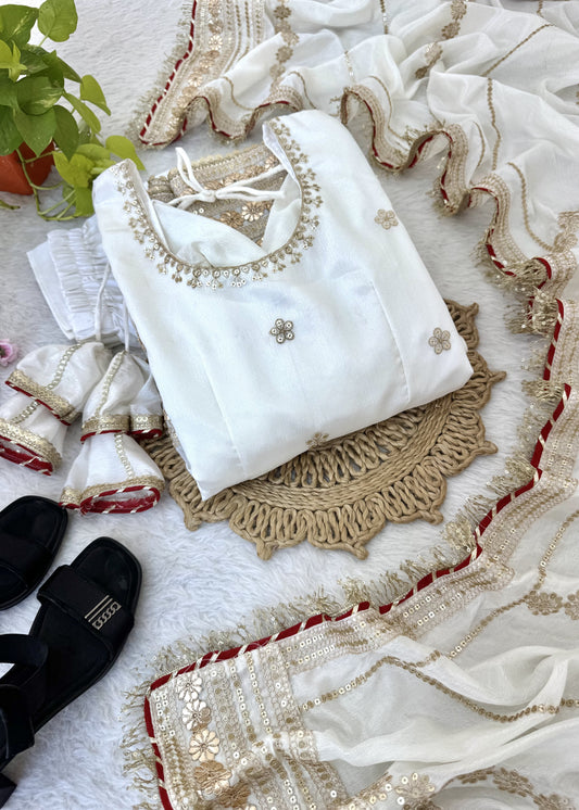 Ujjwala White Gold & Red Floral Embroidered Anarkali Suit Set