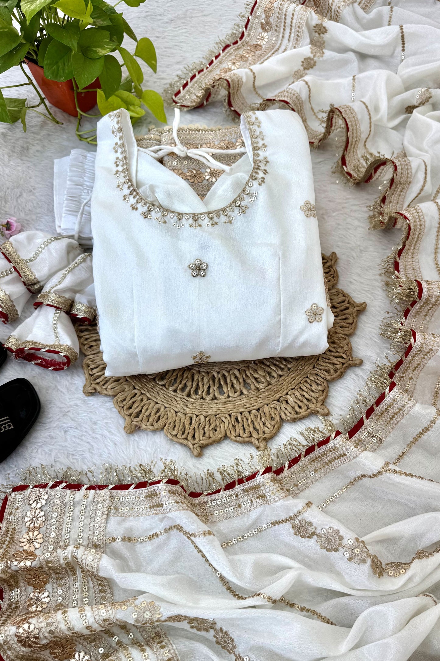 Ujjwala White Gold & Red Floral Embroidered Anarkali Suit Set