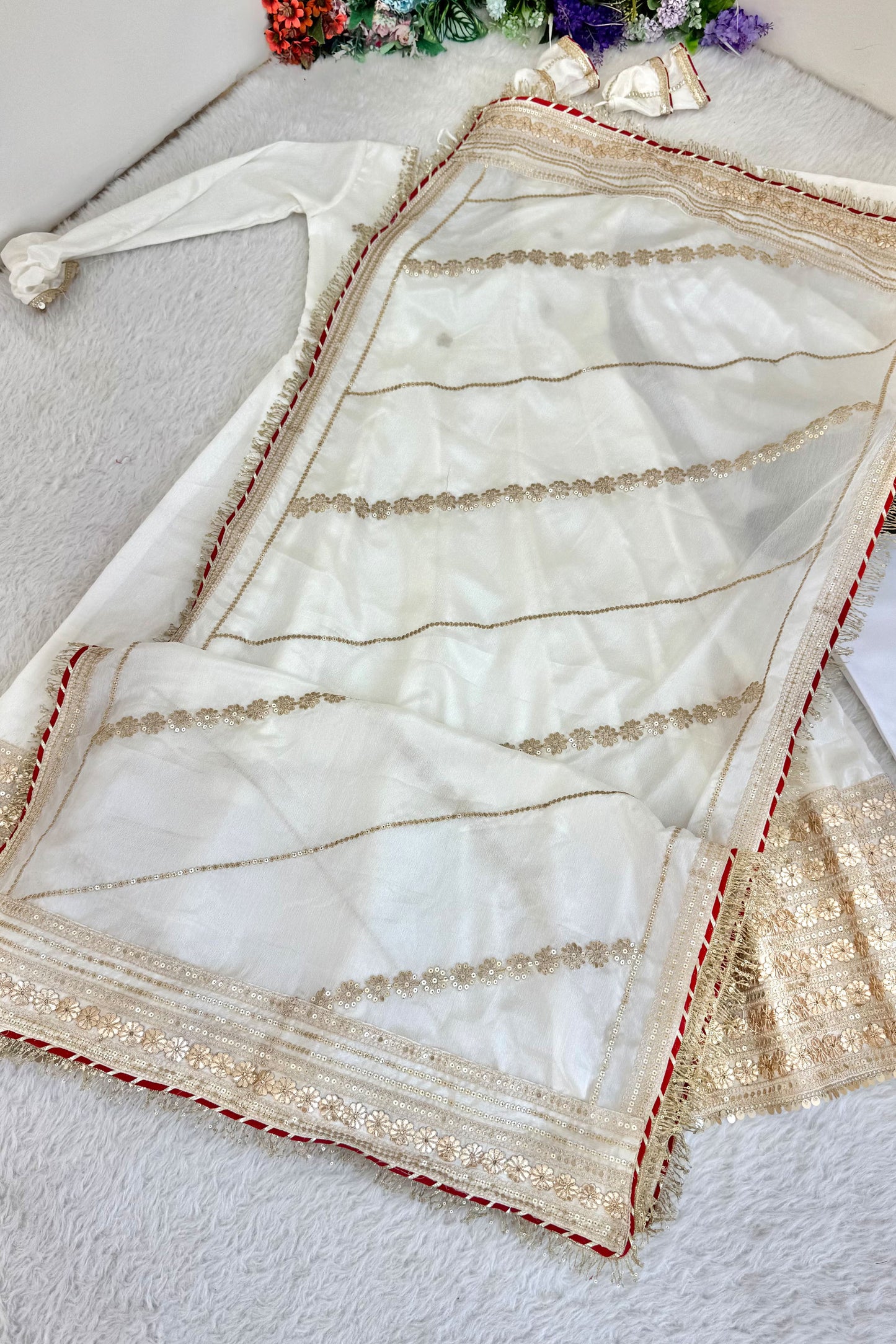 Ujjwala White Gold & Red Floral Embroidered Anarkali Suit Set