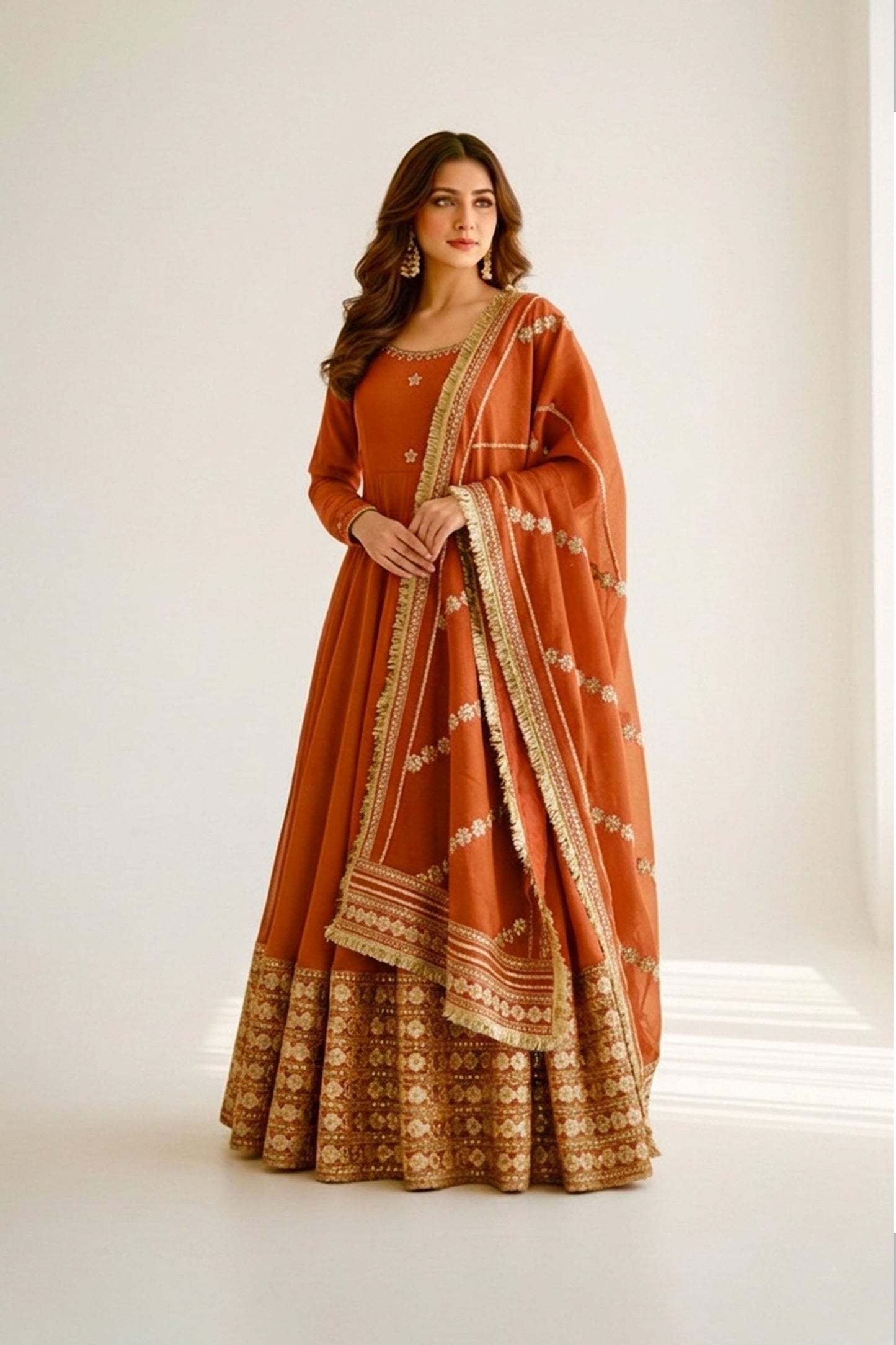 Rust Orange Flared Anarkali Set