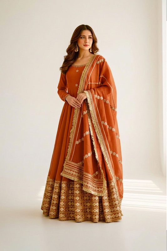 Rust Orange Flared Anarkali Set
