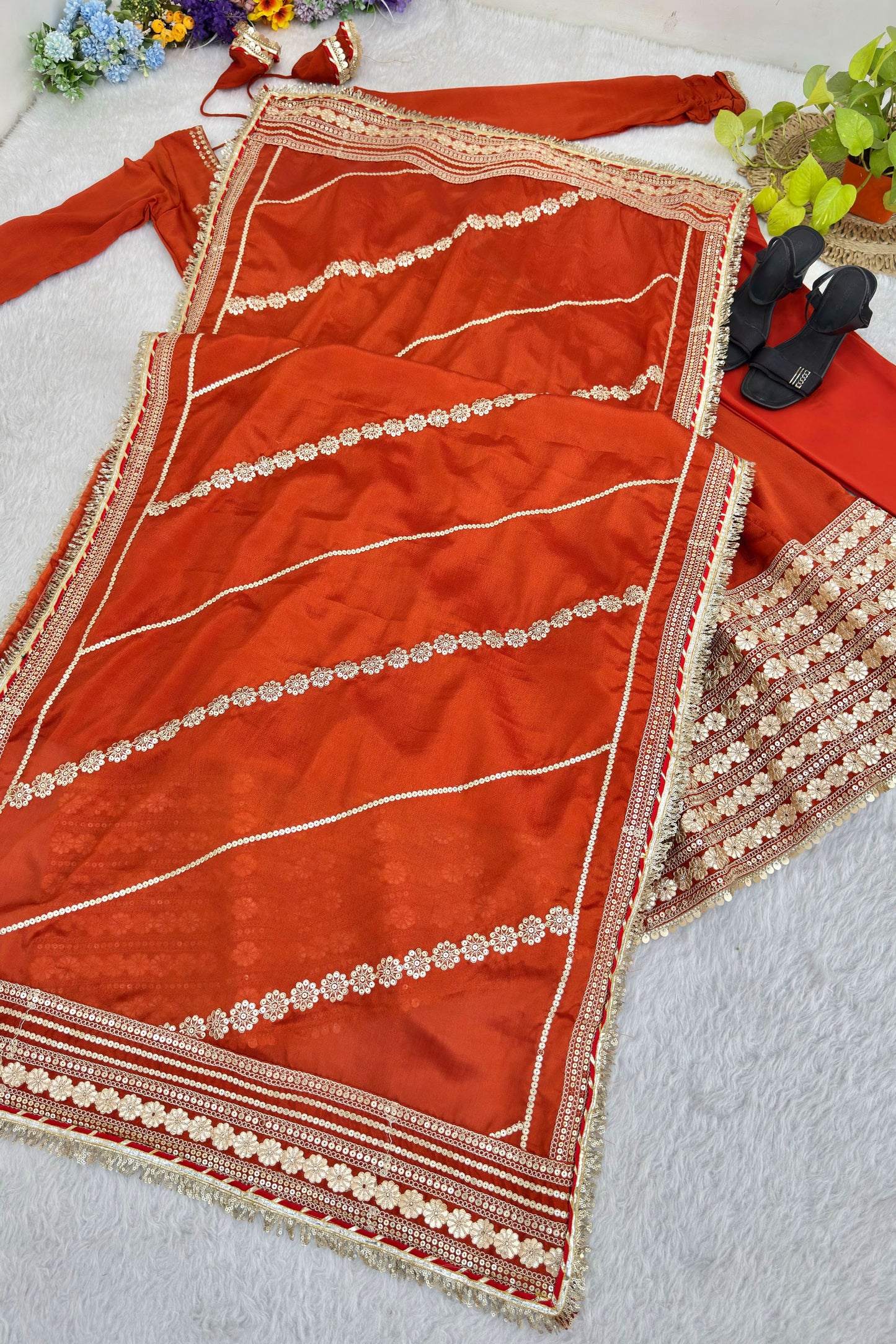 Rust Orange Flared Anarkali Set