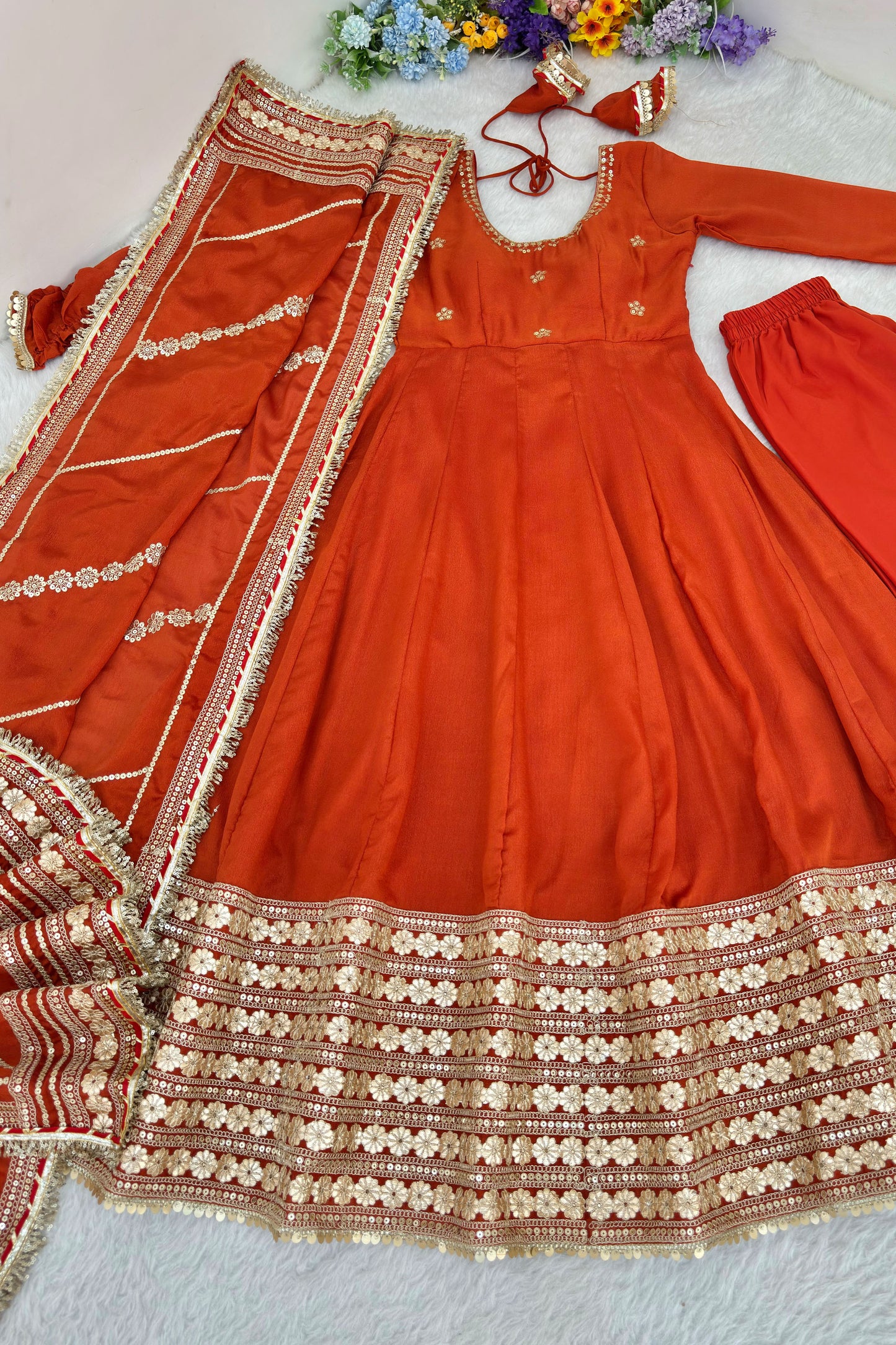 Rust Orange Flared Anarkali Set