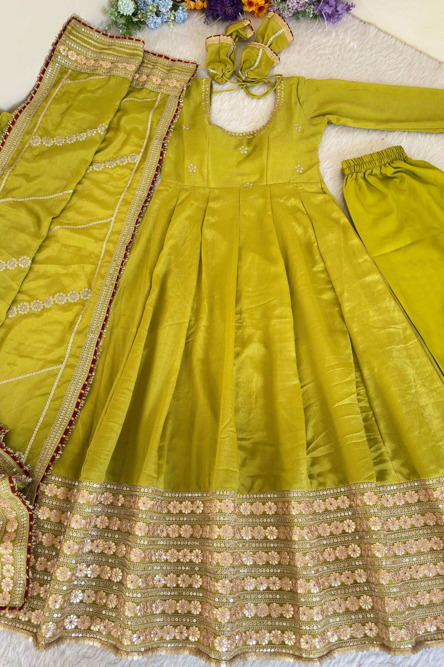 Hariyali Lime Green Floral Embroidered Anarkali Suit Set