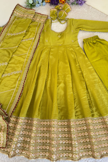 Hariyali Lime Green Floral Embroidered Anarkali Suit Set