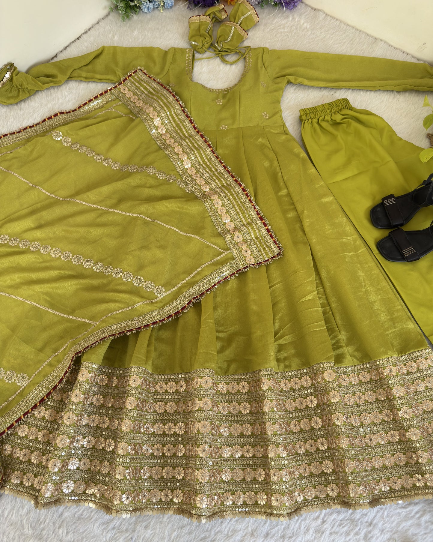 Hariyali Lime Green Floral Embroidered Anarkali Suit Set