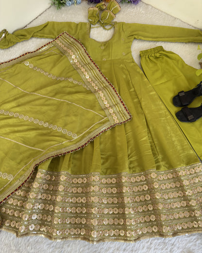 Hariyali Lime Green Floral Embroidered Anarkali Suit Set