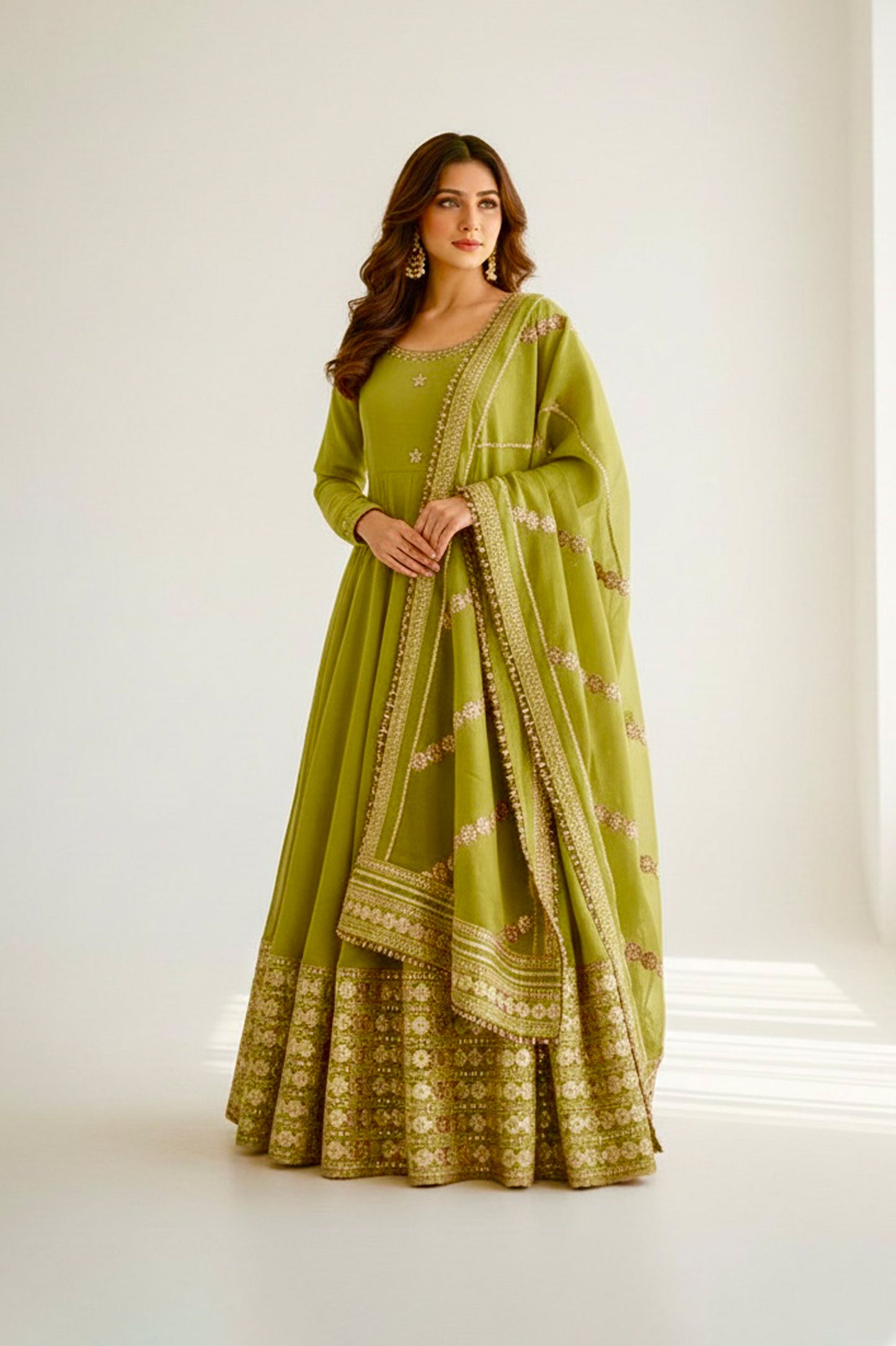 Hariyali Lime Green Floral Embroidered Anarkali Suit Set