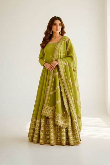 Hariyali Lime Green Floral Embroidered Anarkali Suit Set