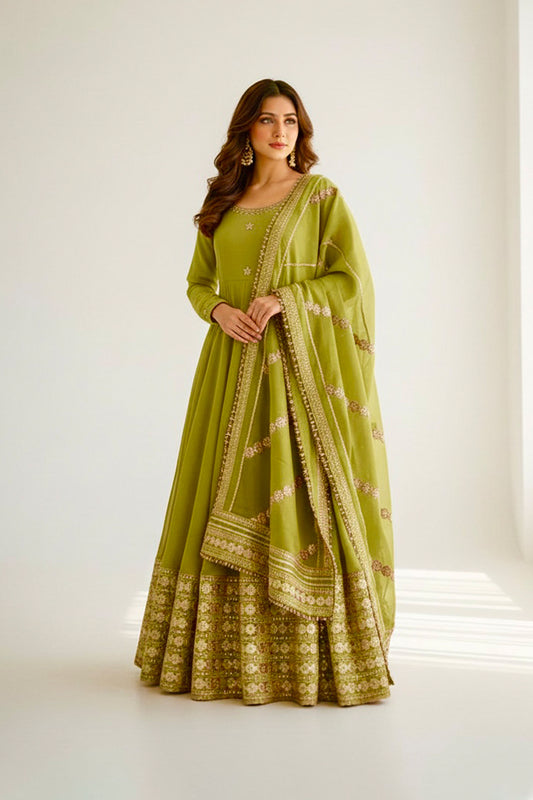 Hariyali Lime Green Floral Embroidered Anarkali Suit Set