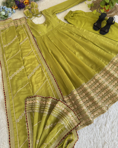 Hariyali Lime Green Floral Embroidered Anarkali Suit Set
