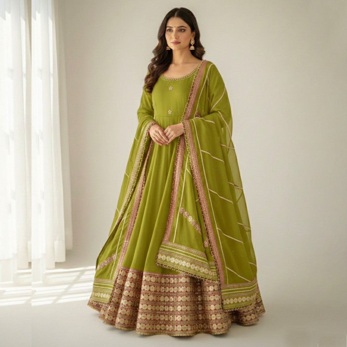 Hariyali Lime Green Floral Embroidered Anarkali Suit Set