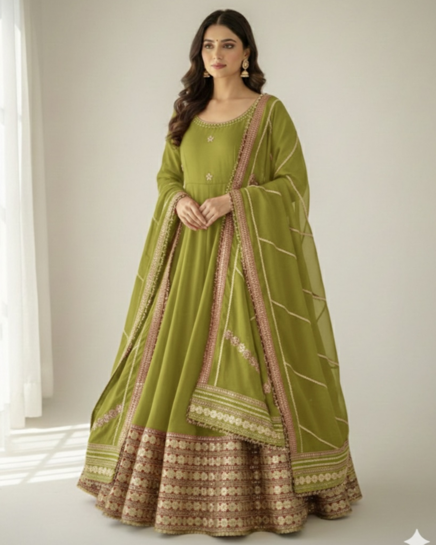 Hariyali Lime Green Floral Embroidered Anarkali Suit Set