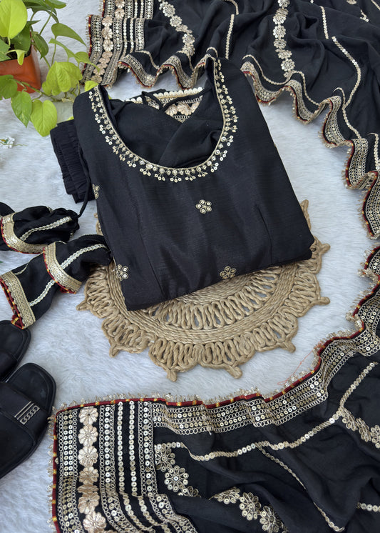Raayka Noir Black Gold Sequin Floral Embroidered Anarkali Suit Set