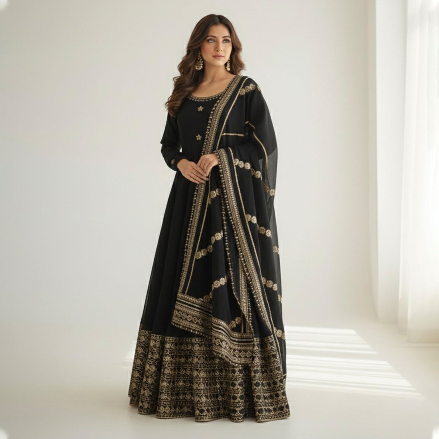 Raayka Noir Black Gold Sequin Floral Embroidered Anarkali Suit Set