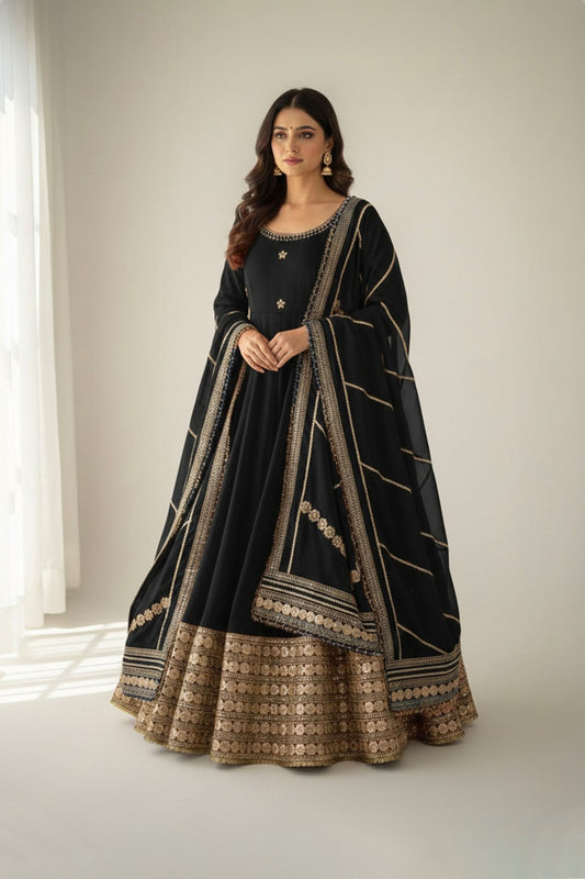 Raayka Noir Black Gold Sequin Floral Embroidered Anarkali Suit Set