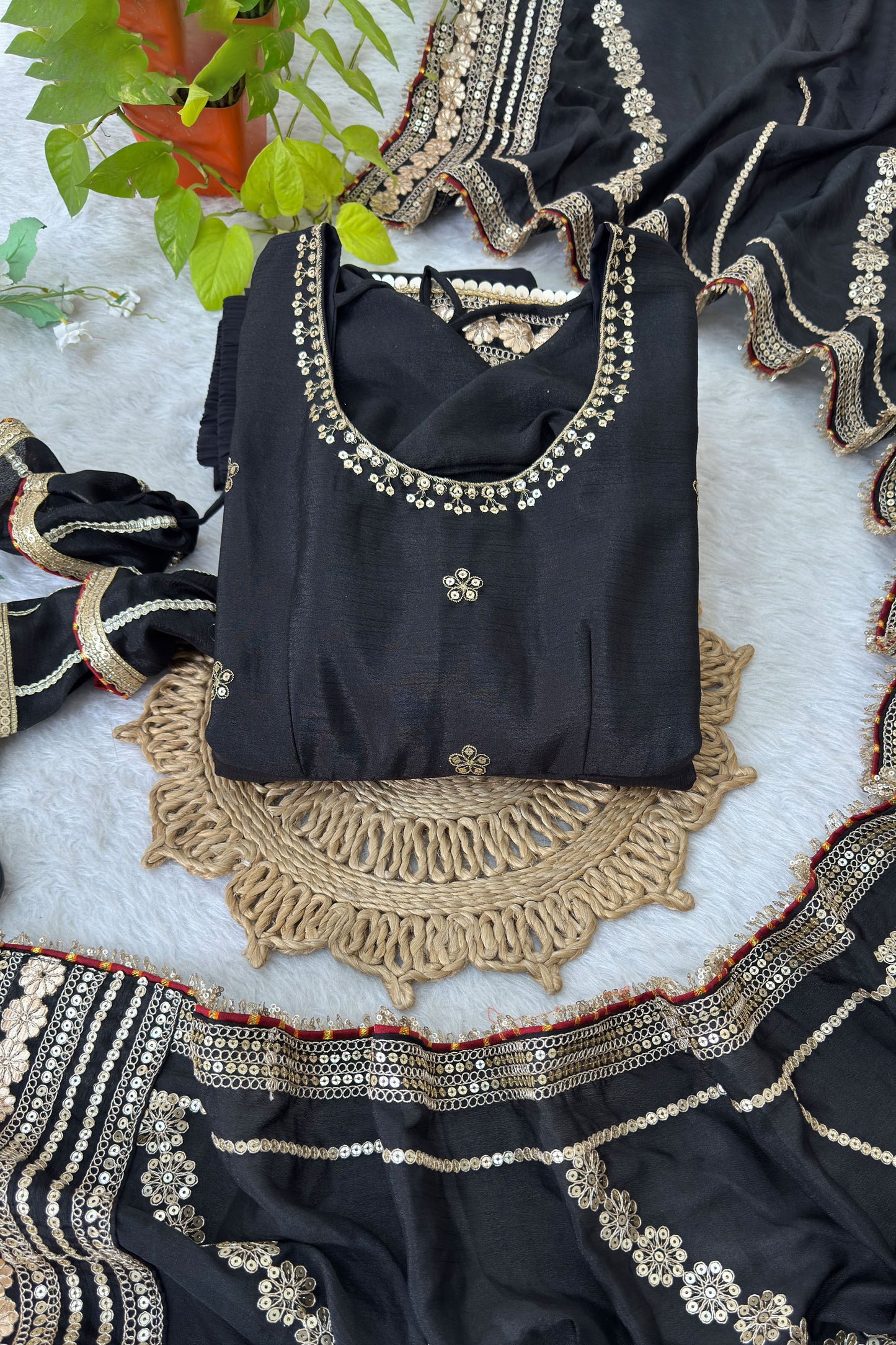 Raayka Noir Black Gold Sequin Floral Embroidered Anarkali Suit Set