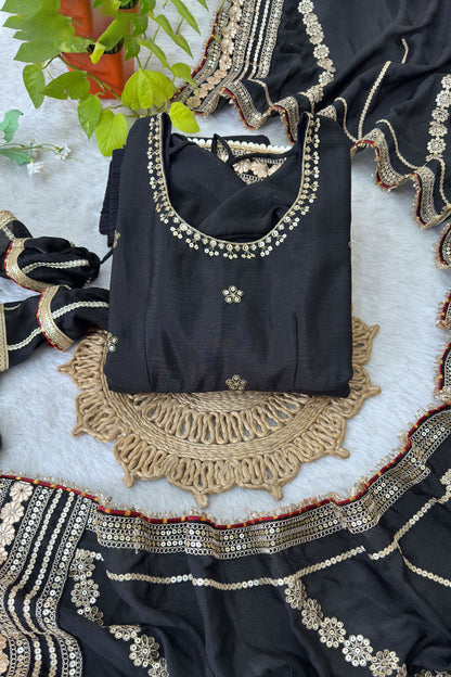 Raayka Noir Black Gold Sequin Floral Embroidered Anarkali Suit Set