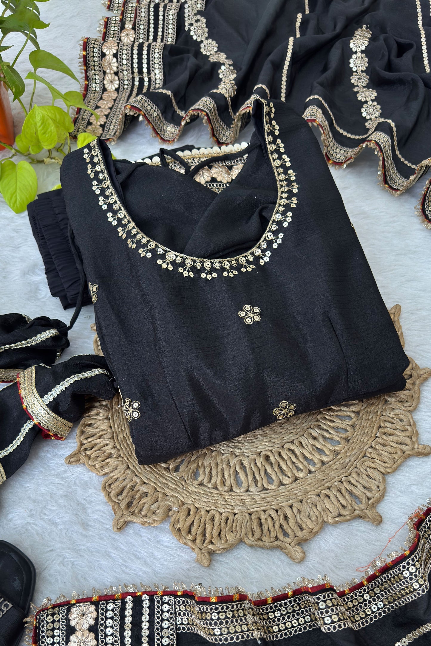 Raayka Noir Black Gold Sequin Floral Embroidered Anarkali Suit Set