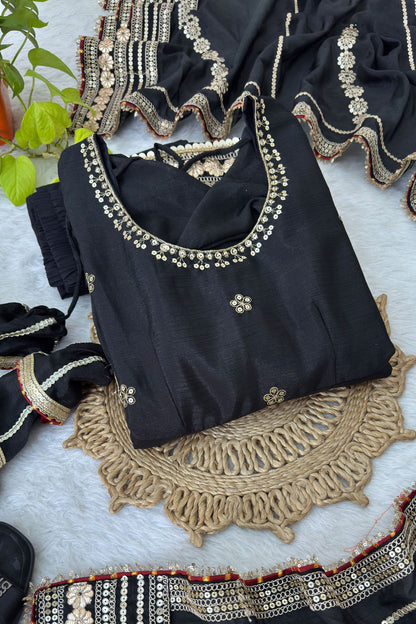 Raayka Noir Black Gold Sequin Floral Embroidered Anarkali Suit Set