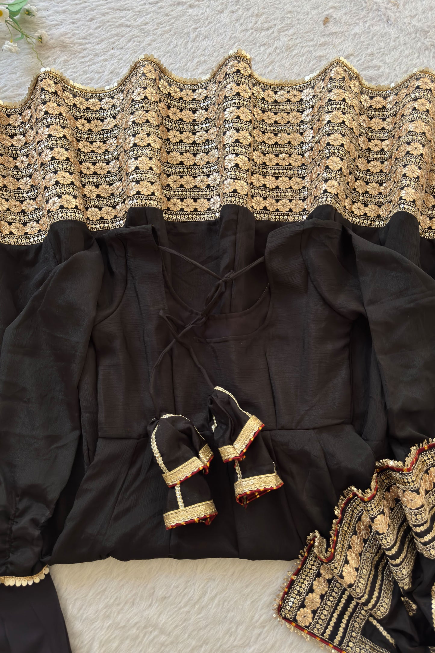 Raayka Noir Black Gold Sequin Floral Embroidered Anarkali Suit Set