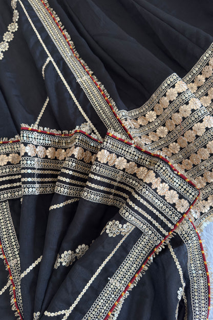 Raayka Noir Black Gold Sequin Floral Embroidered Anarkali Suit Set