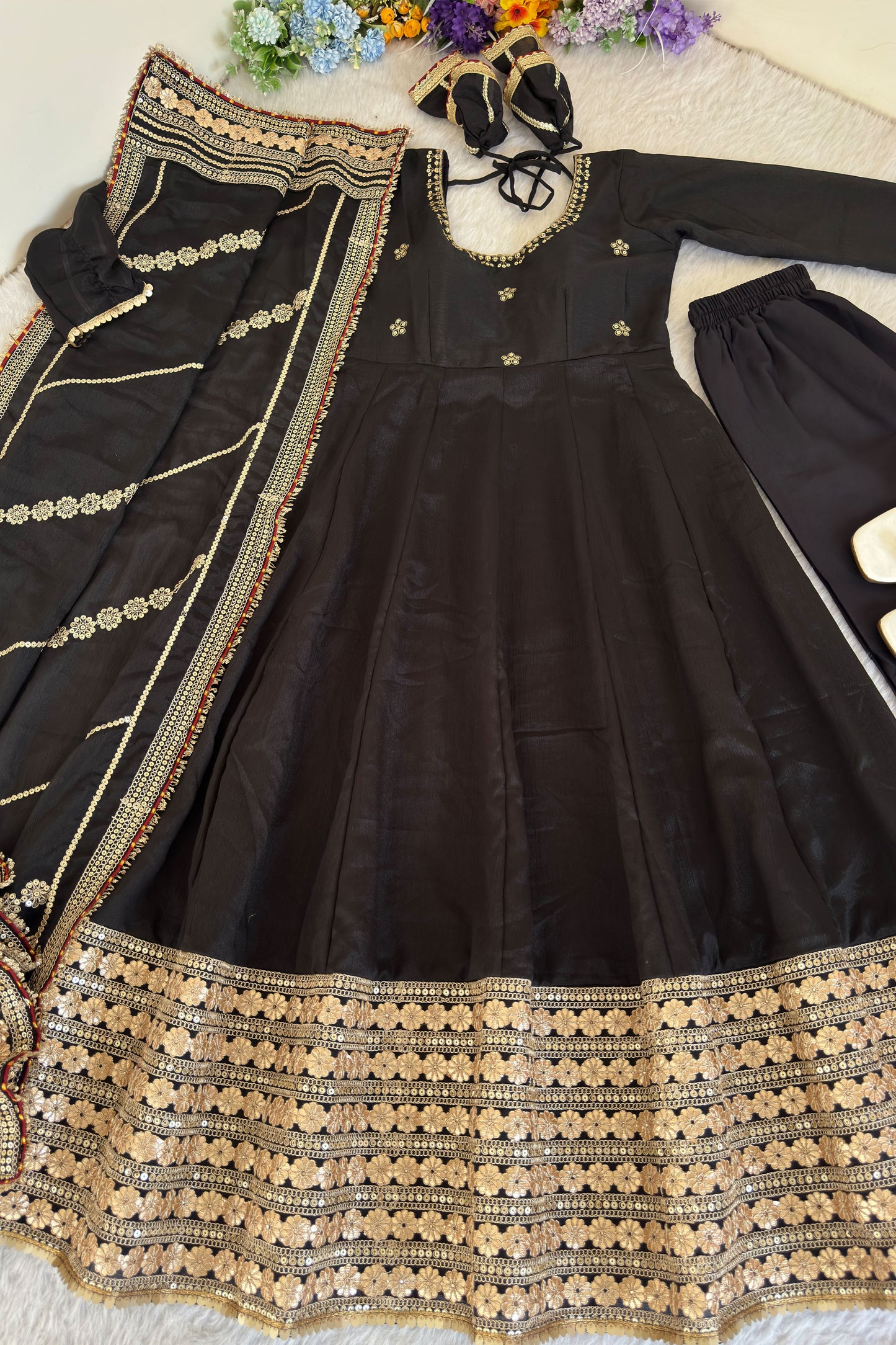Raayka Noir Black Gold Sequin Floral Embroidered Anarkali Suit Set