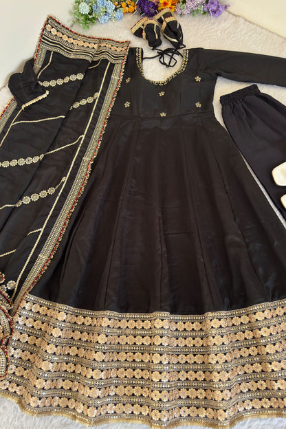 Raayka Noir Black Gold Sequin Floral Embroidered Anarkali Suit Set