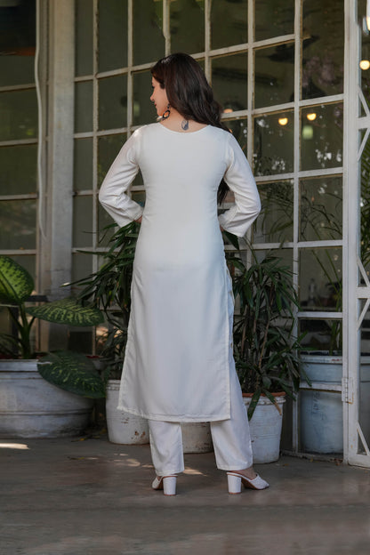 Vasudha White Viscose Rayon Floral Embroidered Kurta Set