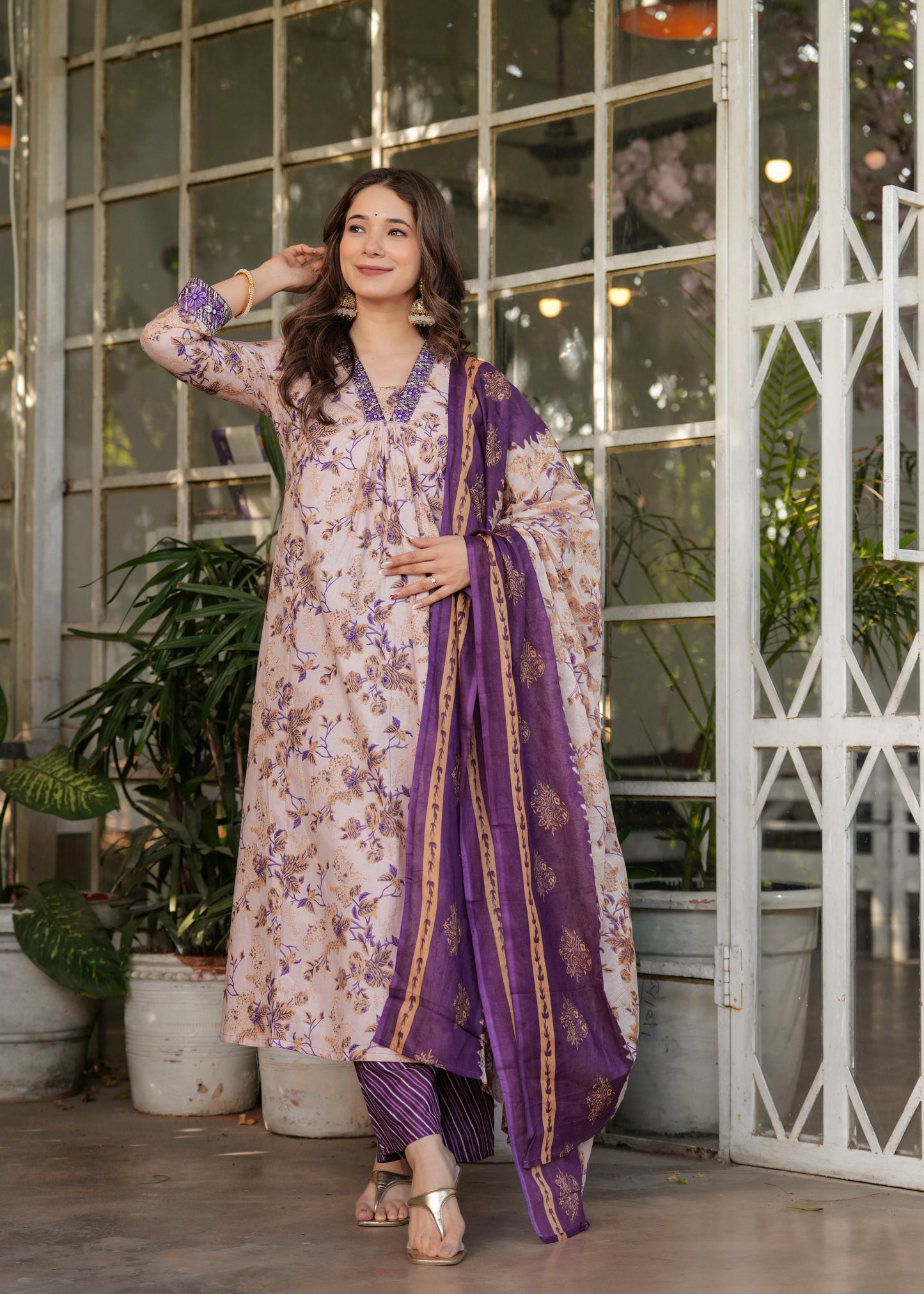 Cream with purple Delightful Kurta Set