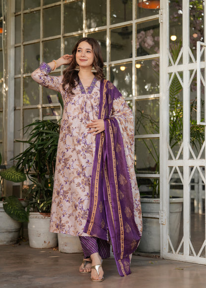 Cream with purple Delightful Kurta Set