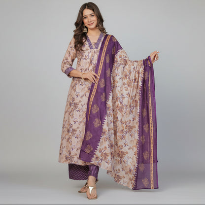 Cream with purple Delightful Kurta Set