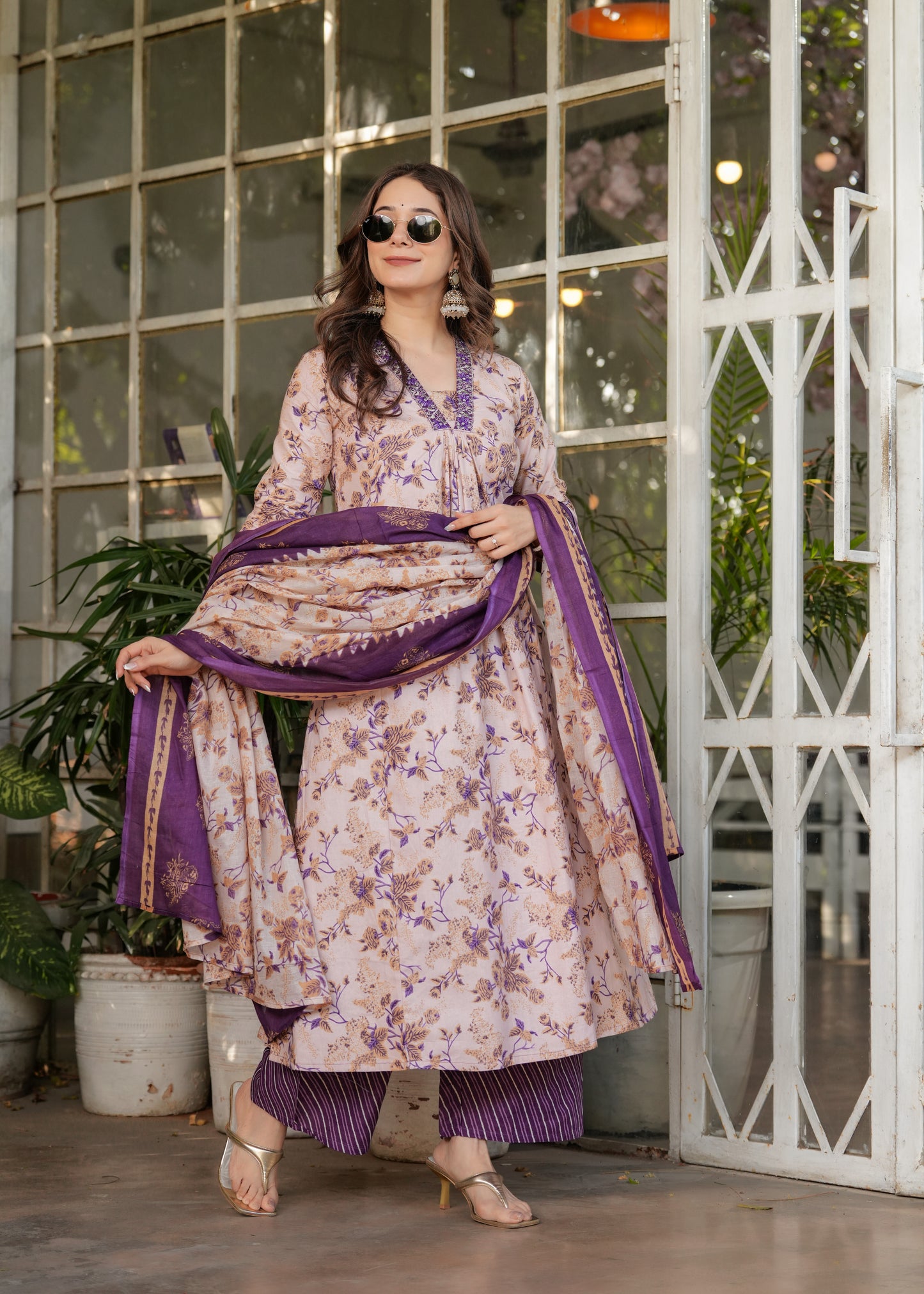 Cream with purple Delightful Kurta Set
