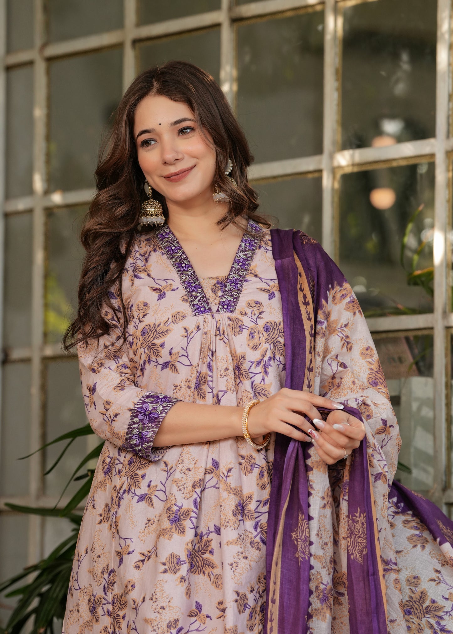 Cream with purple Delightful Kurta Set