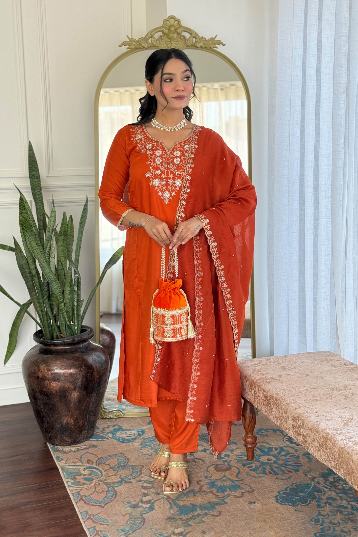 Agniha Rust Orange Viscose Chinon Embroidered Kurta Set