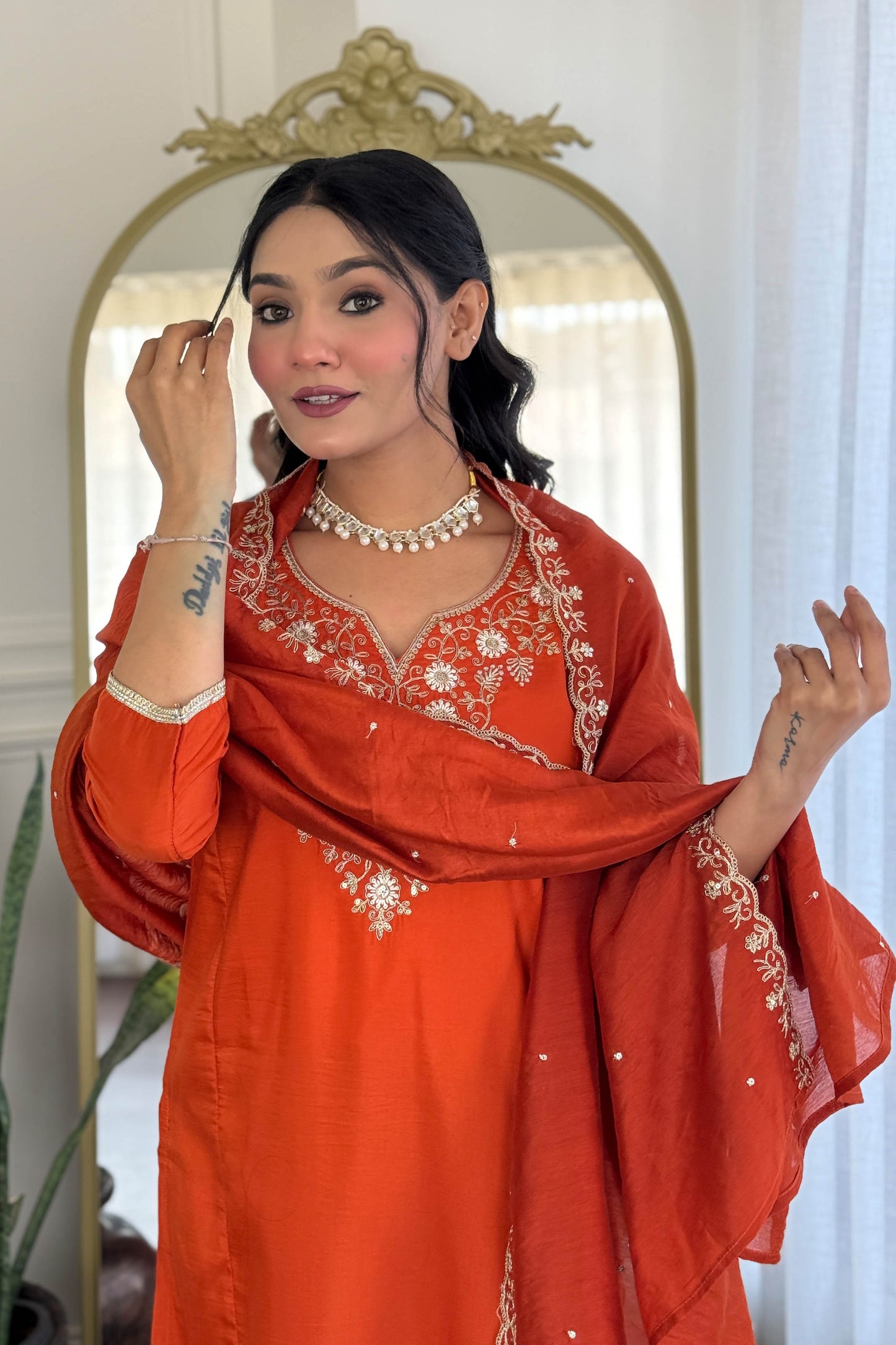 Agniha Rust Orange Viscose Chinon Embroidered Kurta Set