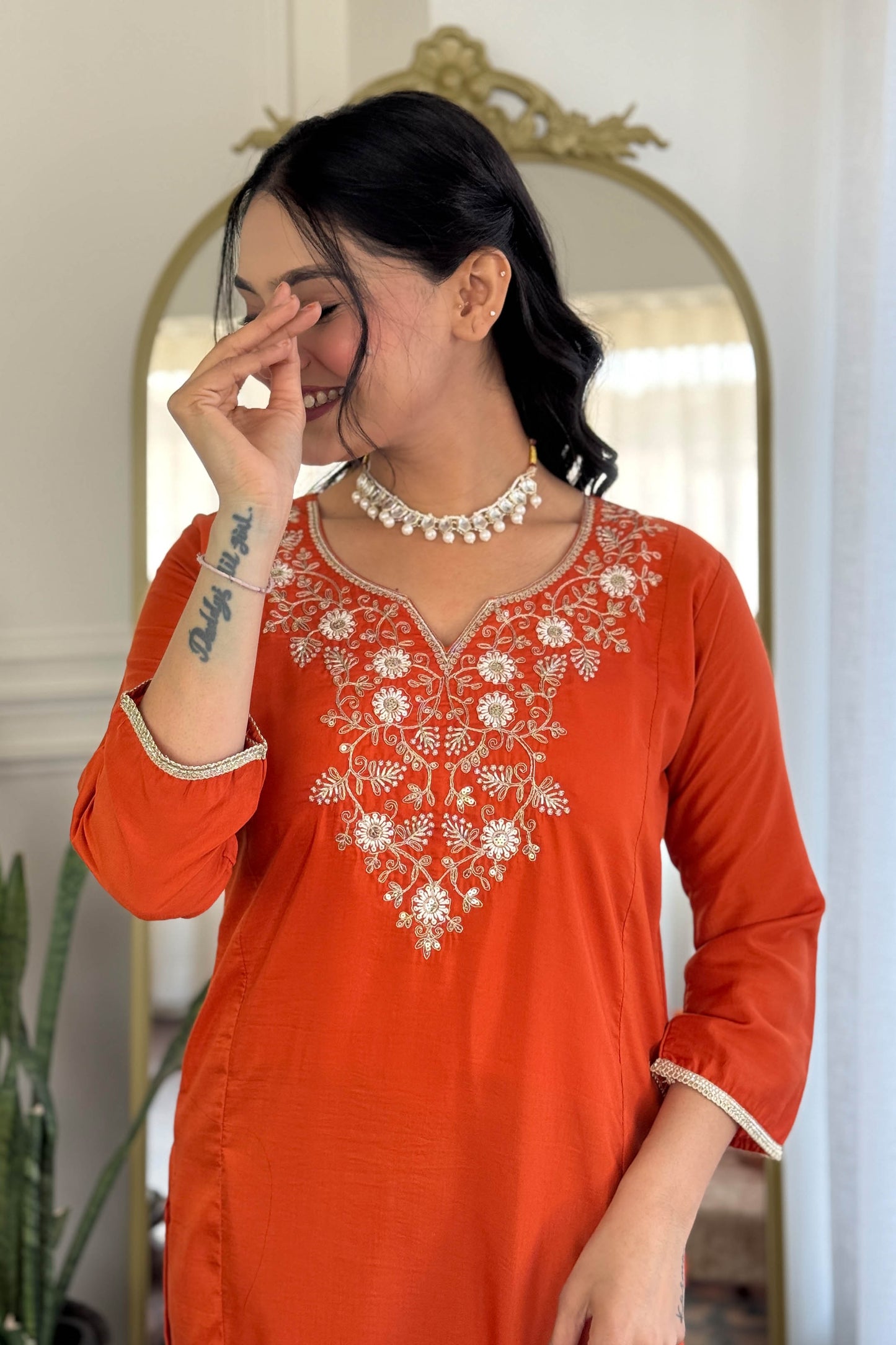 Agniha Rust Orange Viscose Chinon Embroidered Kurta Set