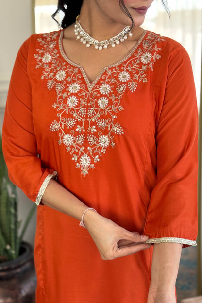 Agniha Rust Orange Viscose Chinon Embroidered Kurta Set